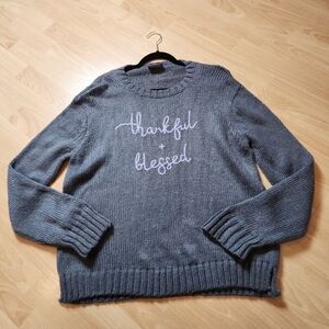 Wooden Ships Wool Mohair Blend Grey Knit Sweater Thankful & Blessed Size XL